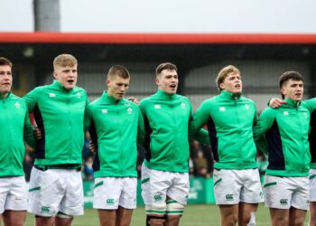 2023 Under-20 Six Nations Championship Round 5, Musgrave Park, Cork 19/3/2023 Ireland vs England Ireland's Fiachna Barrett, Conor O'Tighearnaigh, Sam Prendergast, Diarmuid Mangan, Hugh Gavin, John Devine and Paddy McCarthy stand for the national anthem Mandatory Credit ©INPHO/Ben Brady