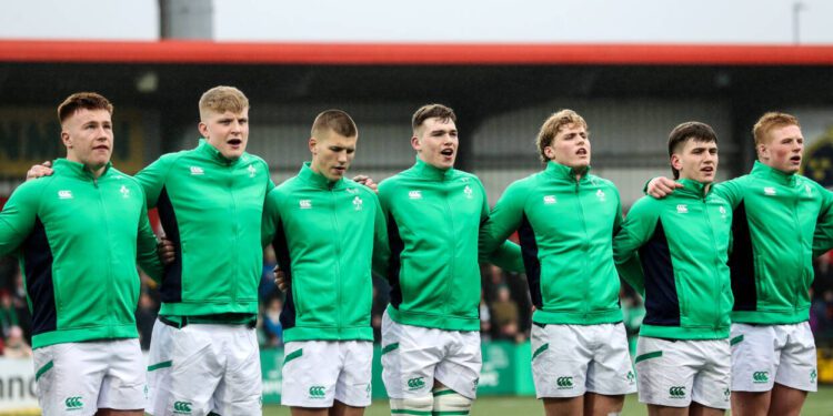 2023 Under-20 Six Nations Championship Round 5, Musgrave Park, Cork 19/3/2023 Ireland vs England Ireland's Fiachna Barrett, Conor O'Tighearnaigh, Sam Prendergast, Diarmuid Mangan, Hugh Gavin, John Devine and Paddy McCarthy stand for the national anthem Mandatory Credit ©INPHO/Ben Brady