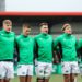 2023 Under-20 Six Nations Championship Round 5, Musgrave Park, Cork 19/3/2023 Ireland vs England Ireland's Fiachna Barrett, Conor O'Tighearnaigh, Sam Prendergast, Diarmuid Mangan, Hugh Gavin, John Devine and Paddy McCarthy stand for the national anthem Mandatory Credit ©INPHO/Ben Brady